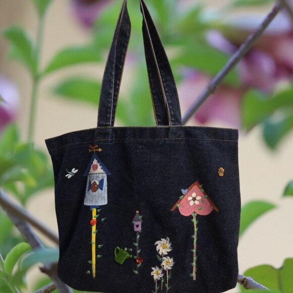 Denim Tote Bag Navy Hand Painted And Decorated Bird Houses Flowers Plastic Accen - Picture 1 of 7